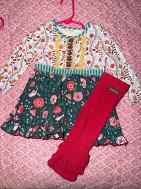 Matilda Jane Girls Floral Teal Green and Pink Dress with Red Tights